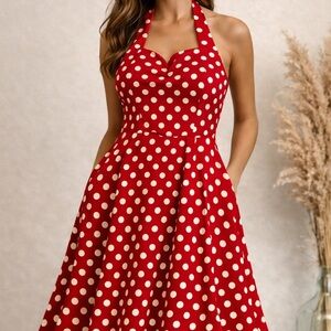 Sucrefas Red & White Polka Dot Halter Dress w/ Pockets NWT Size Large 8